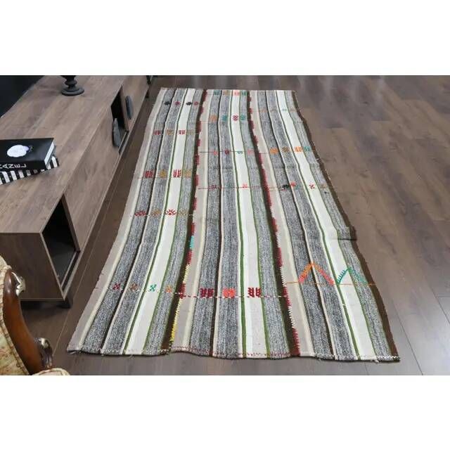 1970s Vintage Turkish Hand-Knotted Gray White Kilim Runner Rug 118x267