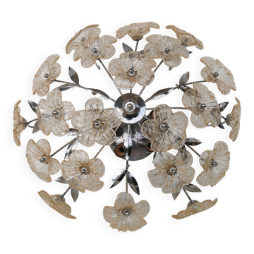 Plafonnier en verre de Murano doré et transparent en forme de fleur