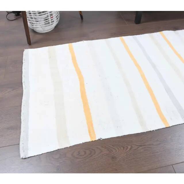 Vintage Turkish Oushak Handmade Wool Cotton White Kilim Runner Rug 67x254