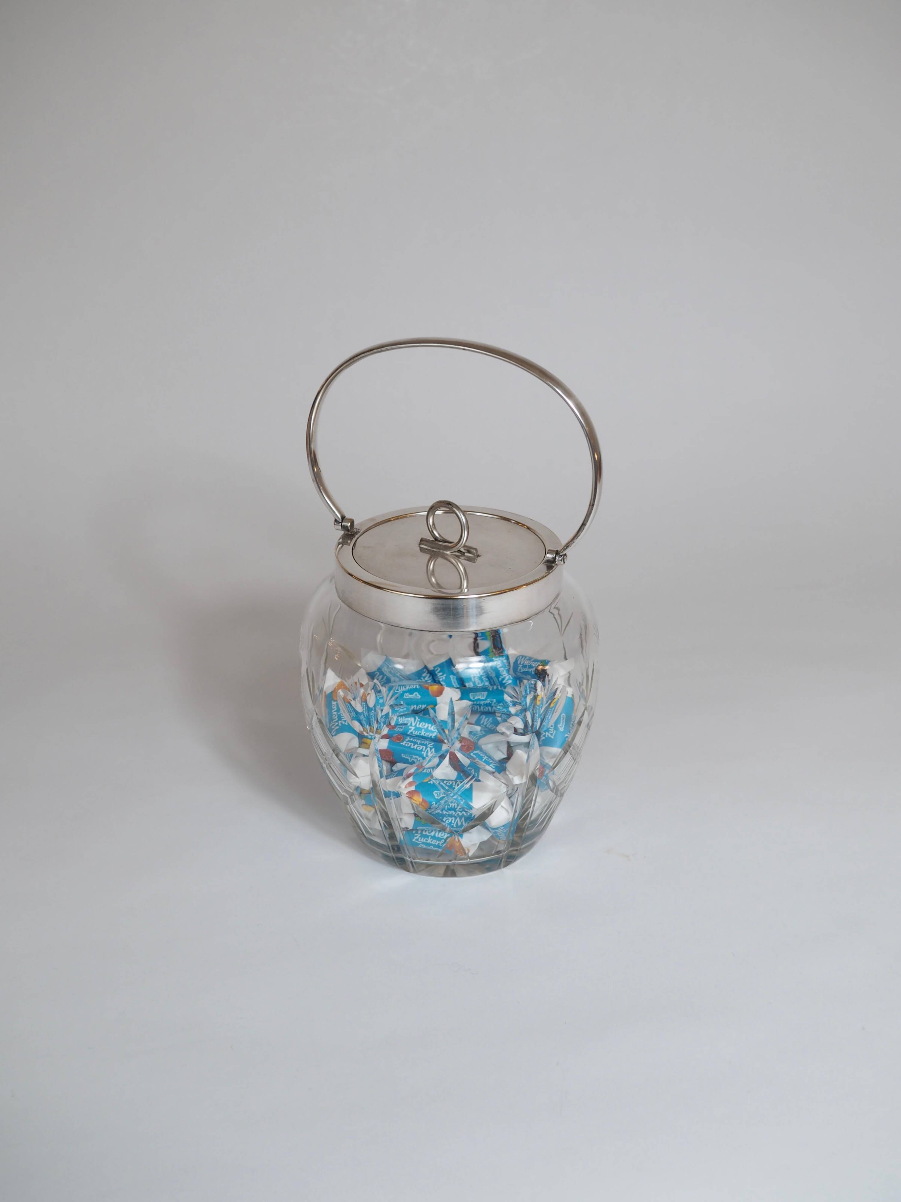 Crystal biscuit barrel with silver-plated mounts and handle, Austrian cut, 1920s.