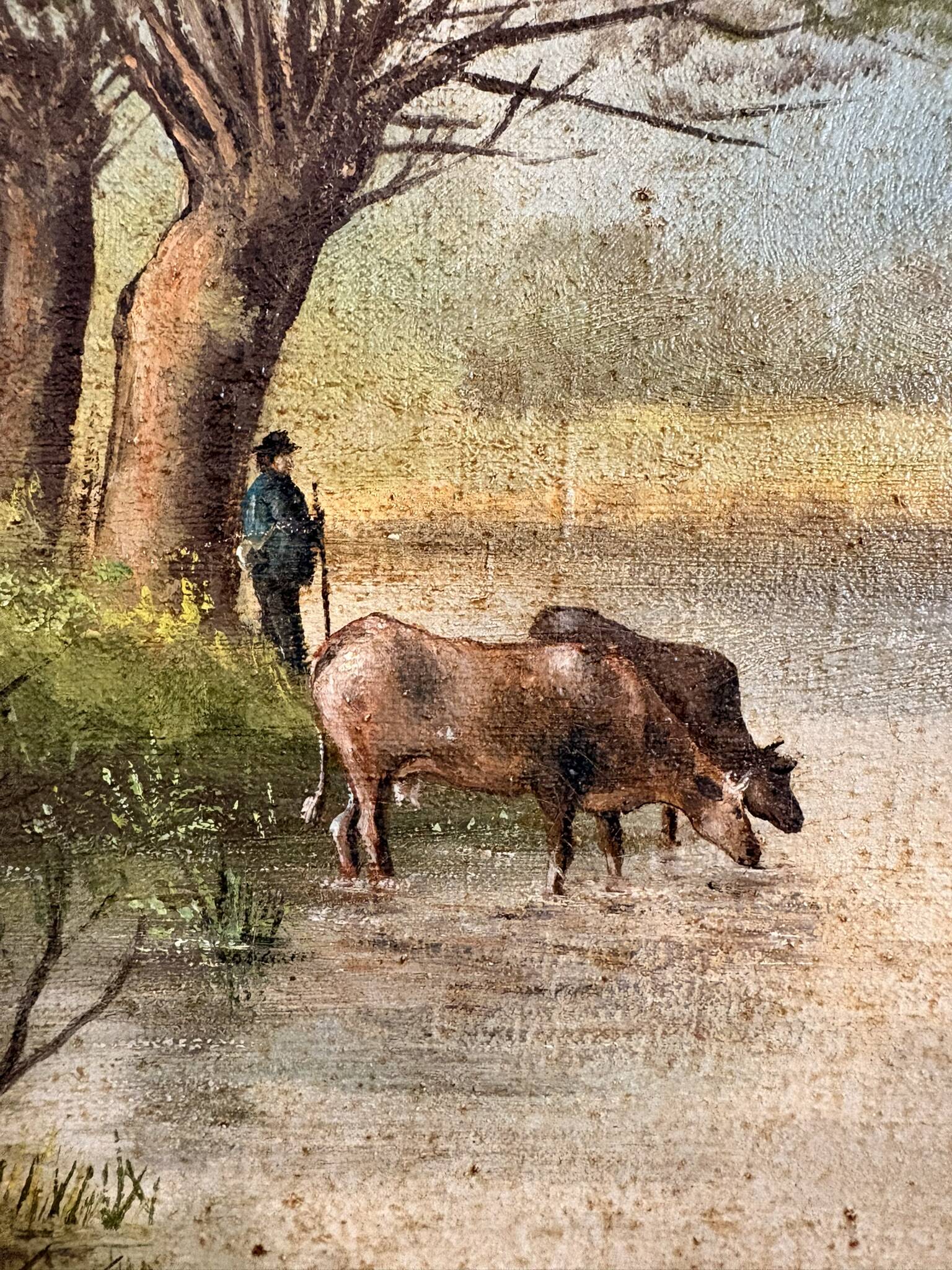 Oil Painting Canvas Shepherd Lake Cow River Fishing Landscape PATRY