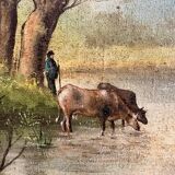 Oil Painting Canvas Shepherd Lake Cow River Fishing Landscape PATRY