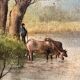 Tableau Peinture Huile Toile Berger Lac Vache Rivière Pêche Paysage PATRY