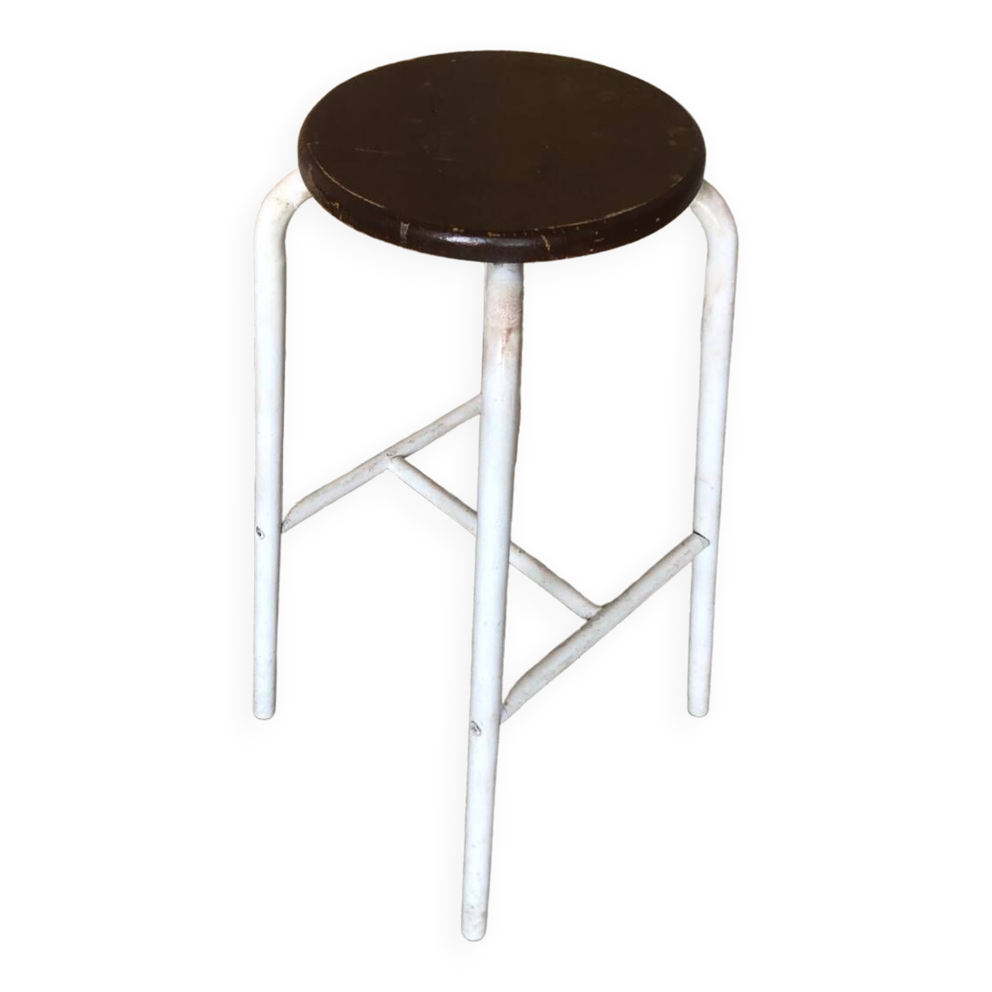 Bar Stool White Metal Leg + Vintage Brown Wood Seat #A352
