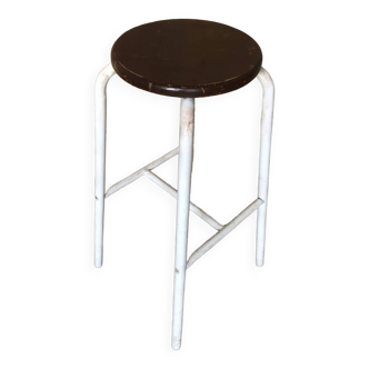 Bar Stool White Metal Leg + Vintage Brown Wood Seat #A352