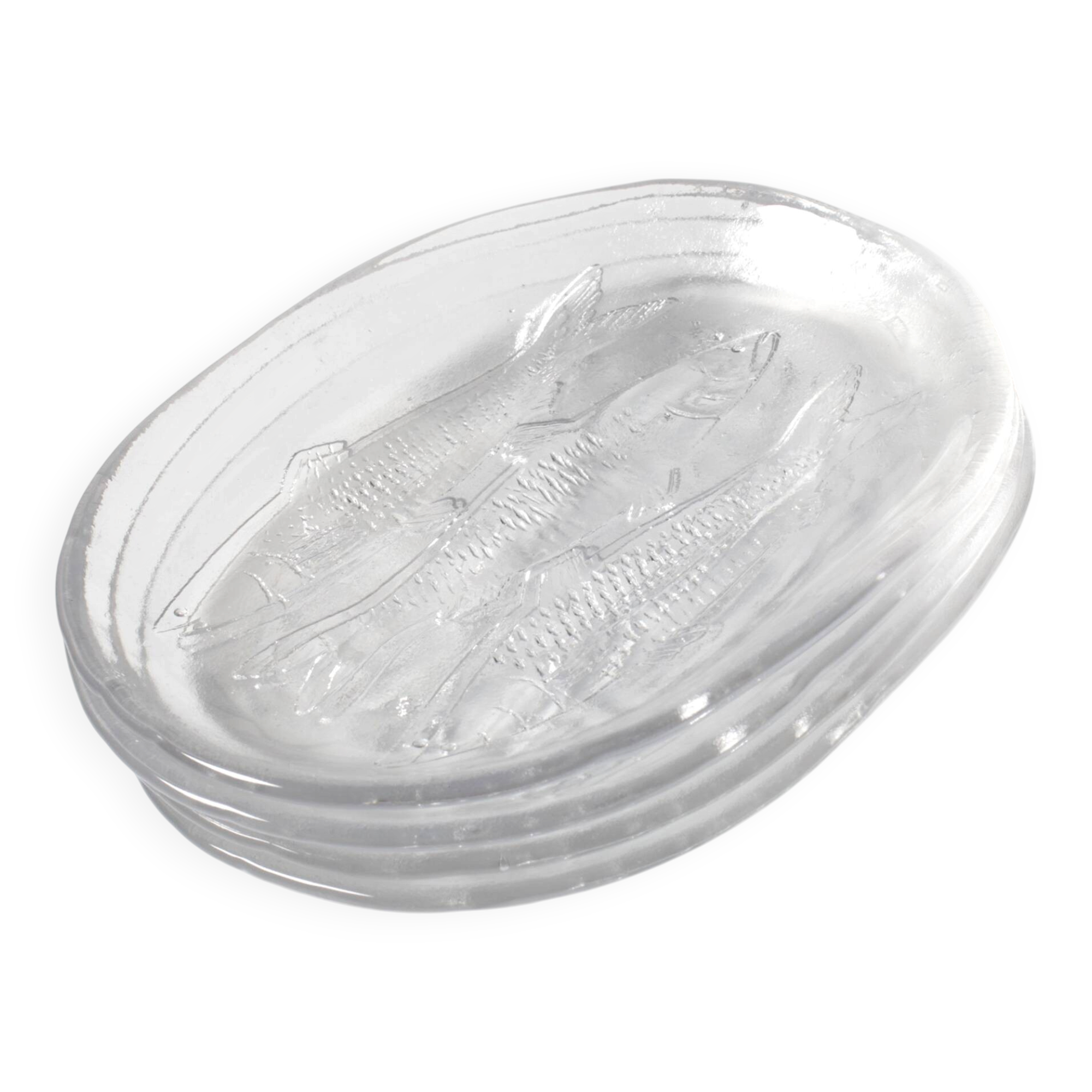 Set of 4 Vintage Kosta Boda Glass Oval Dinner Fish Plates / Sweden / 1970s