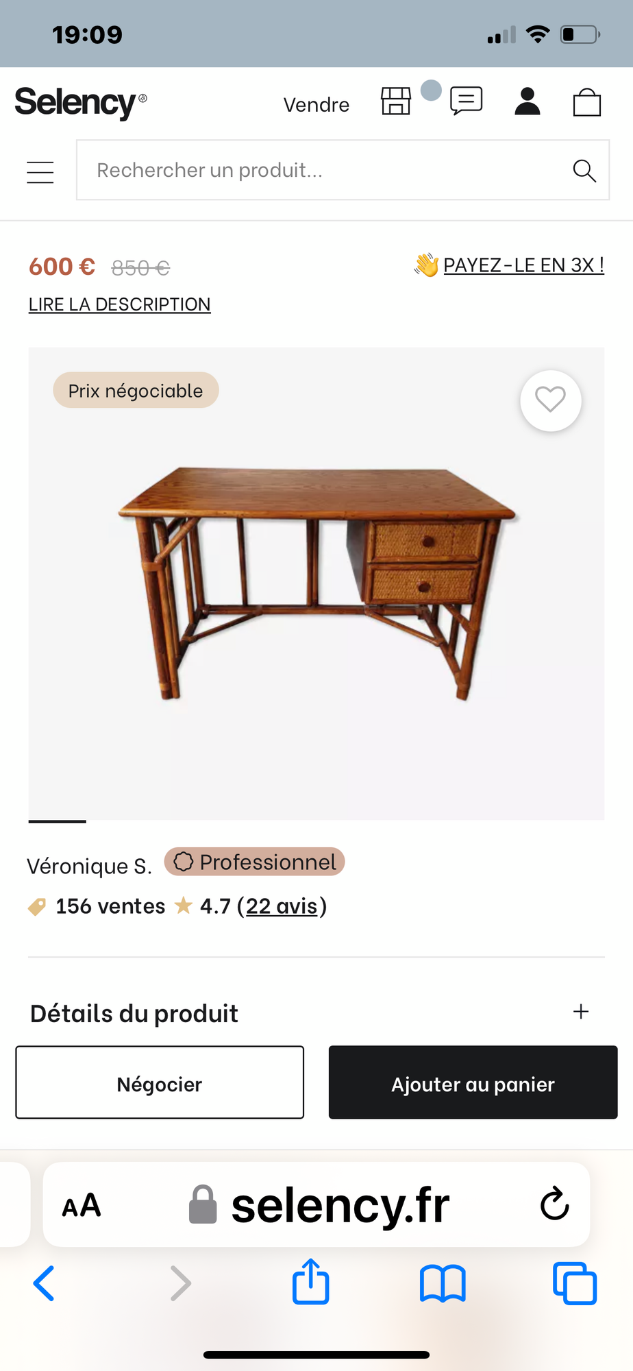 Desk and office chair in bamboo and black lacquered rattan, 60s, 70s