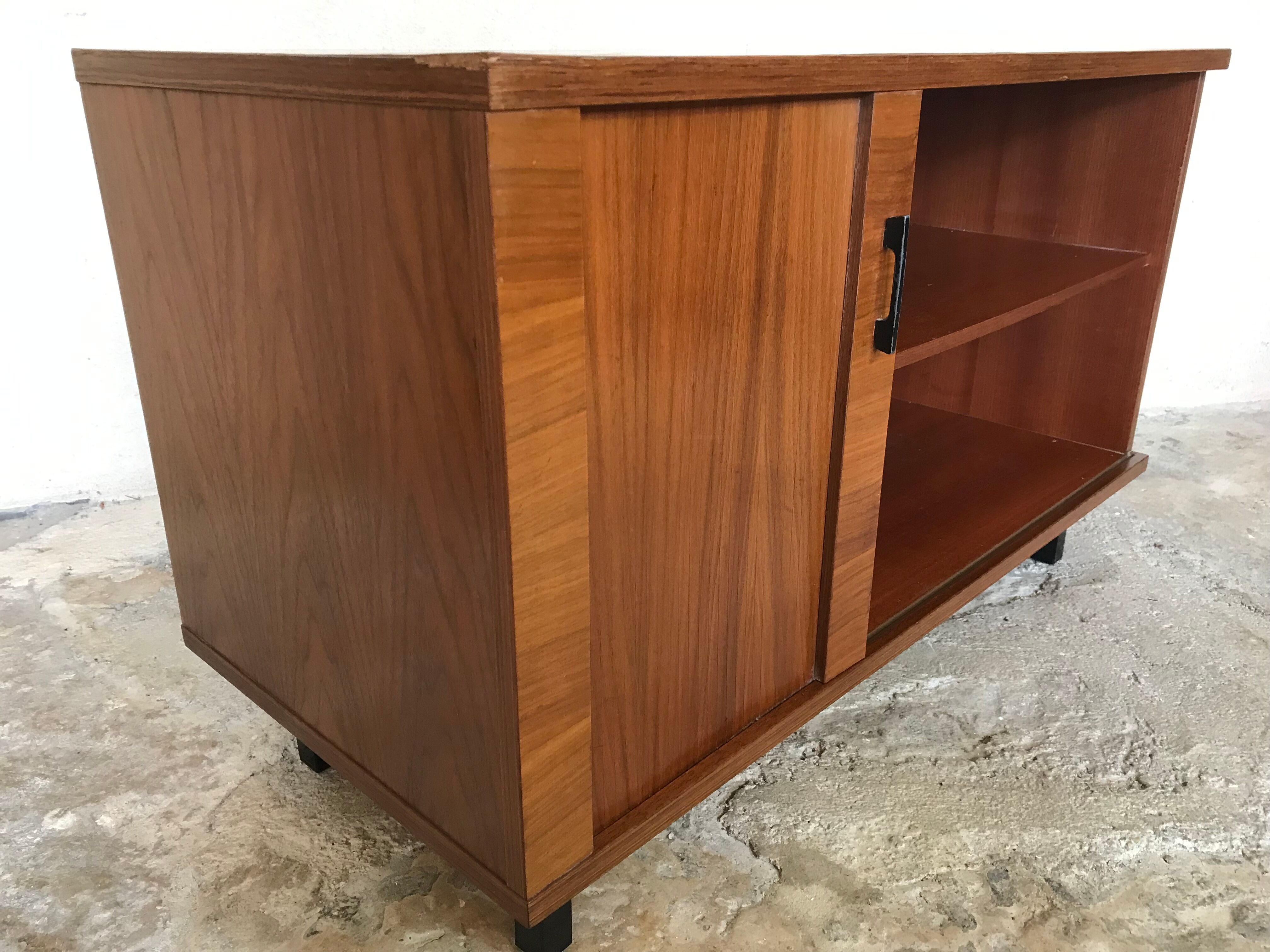 Vintage storage cabinet box on feet with sliding curtain