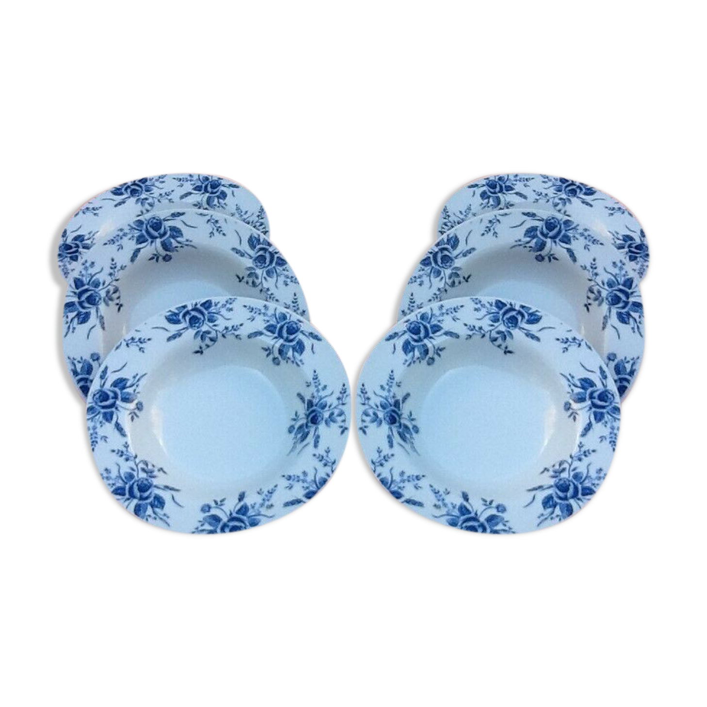 Suite of 6 hollow plates White Porcelain decorated with blue roses