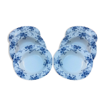 Suite de 6 assiettes creuses porcelaine blanche à décor de roses bleues