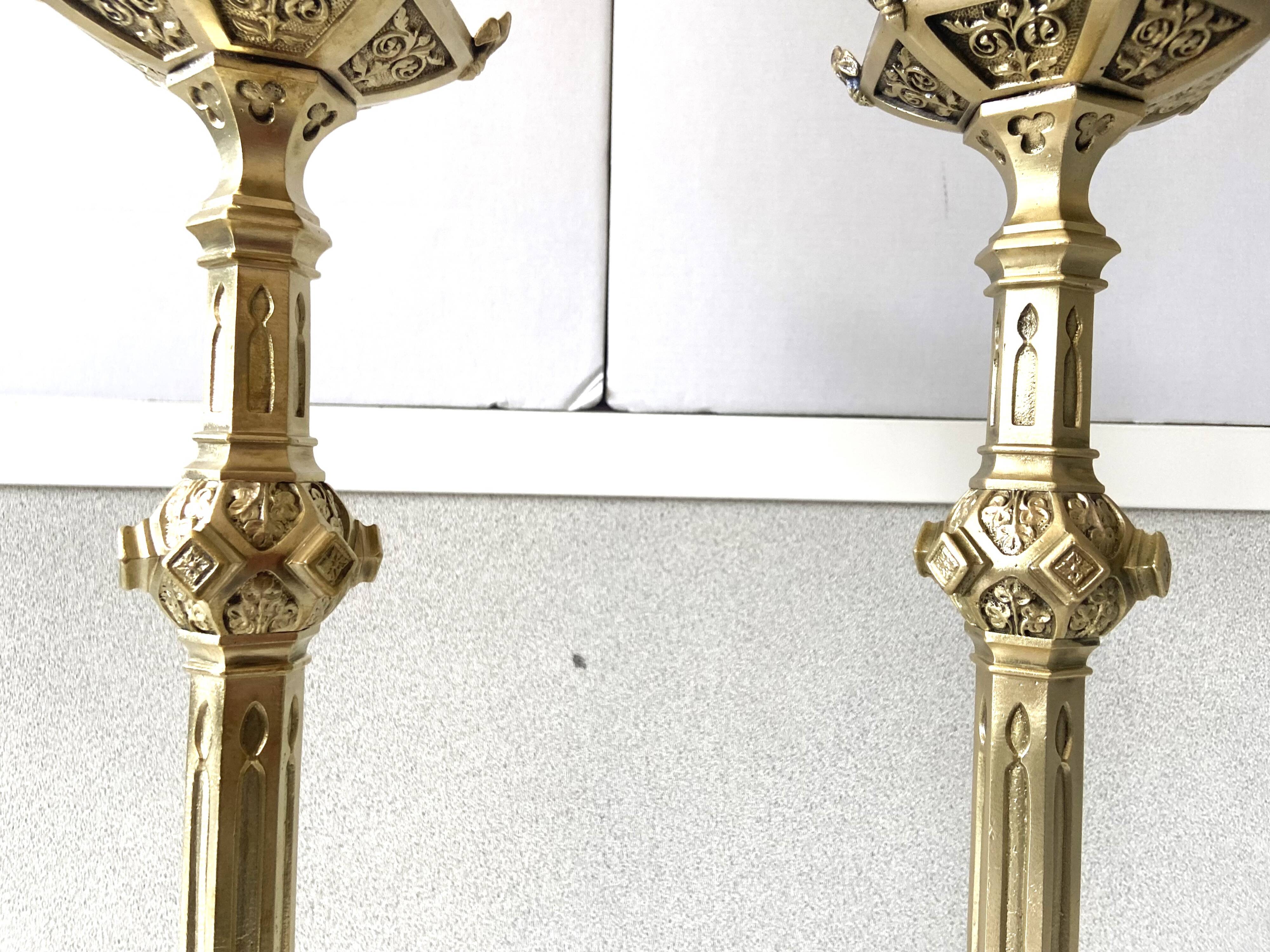 Pair of Antique Gothic Revival Candle Holders in Gold Bronze