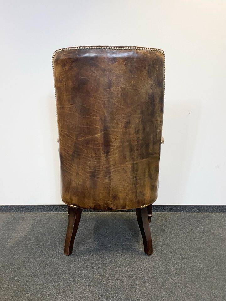 Antique Chesterfield Wing Chair with Stool and English Side Table