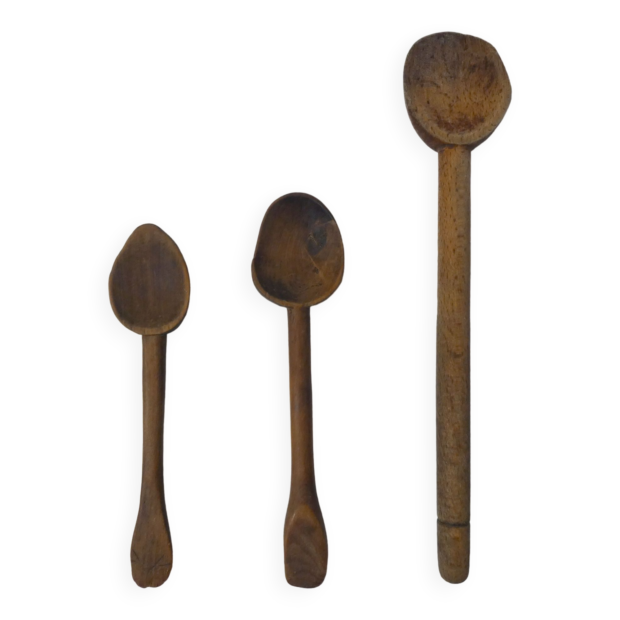 3 old small wooden spoons carved folk art