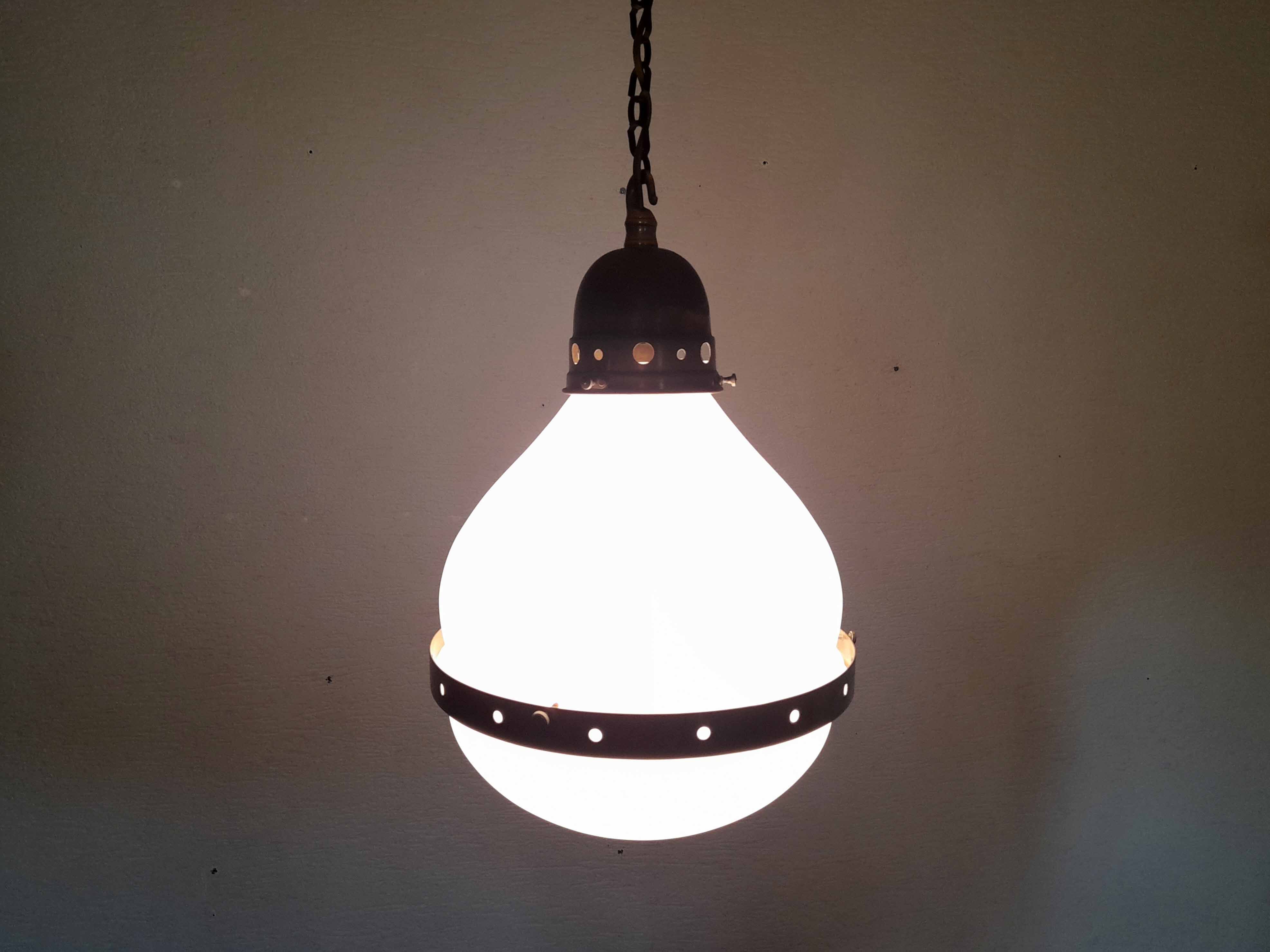 Bauhaus pendant lamp in opaline glass and brass