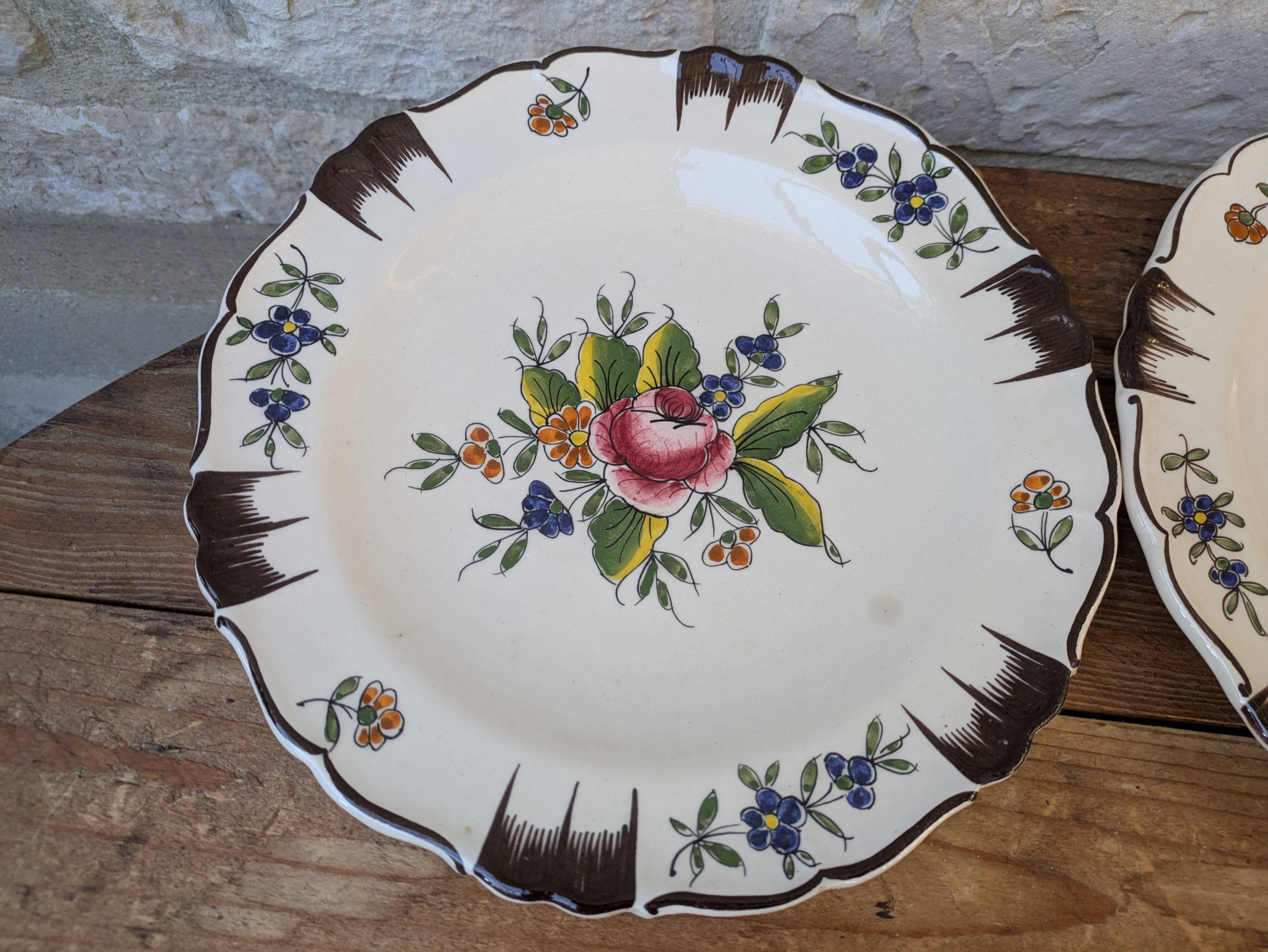 Set of 2 antique hand painted floral pattern plates