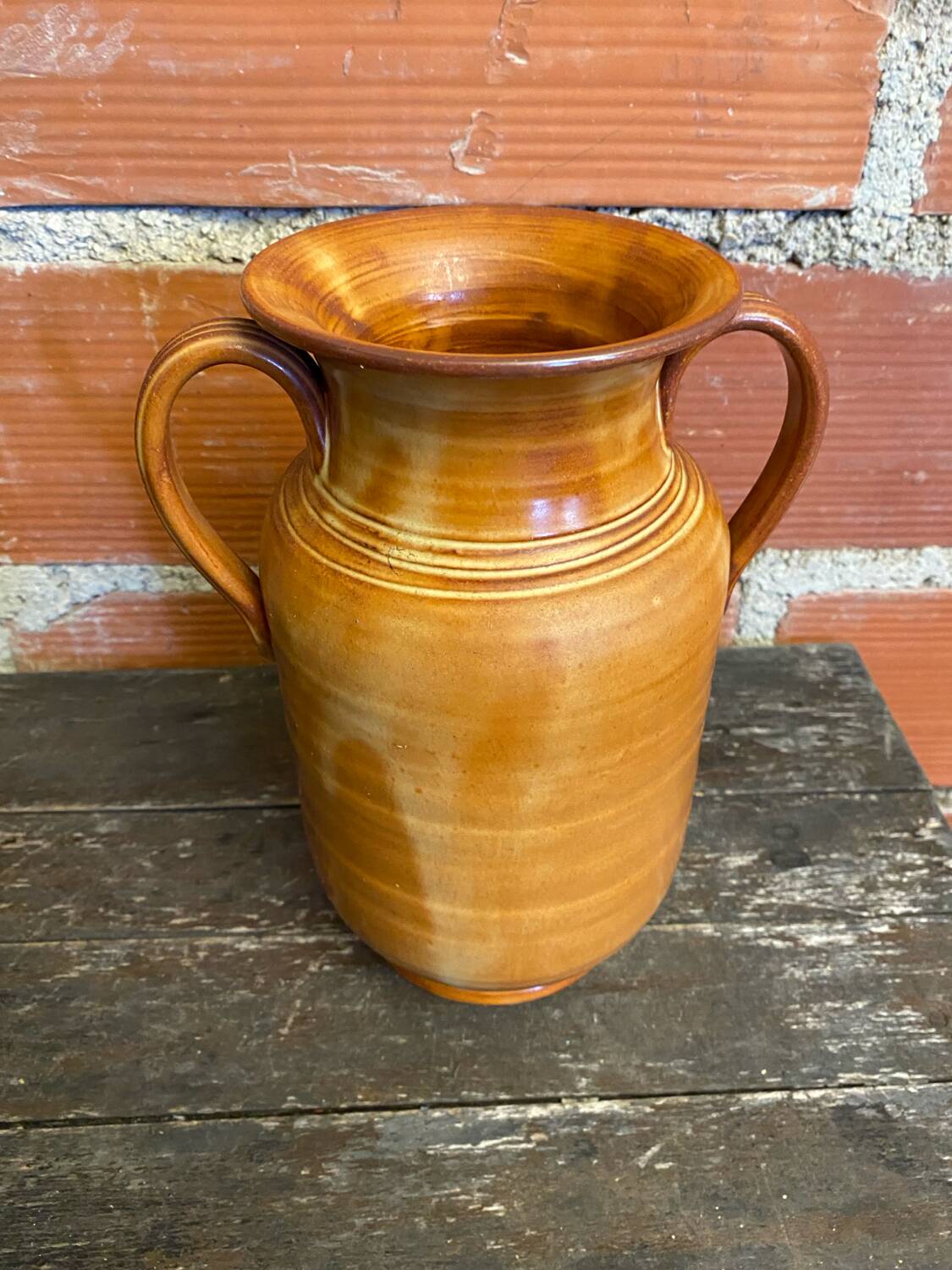 Vintage Beige Ceramic Handled Vase from the 1970s