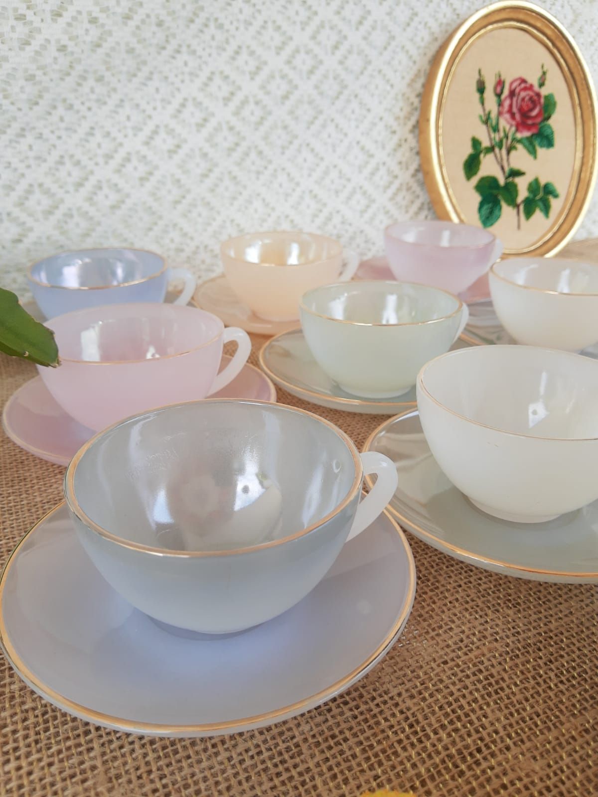 Set of 10 cups and under cups harlequin Arcopal France - vintage
