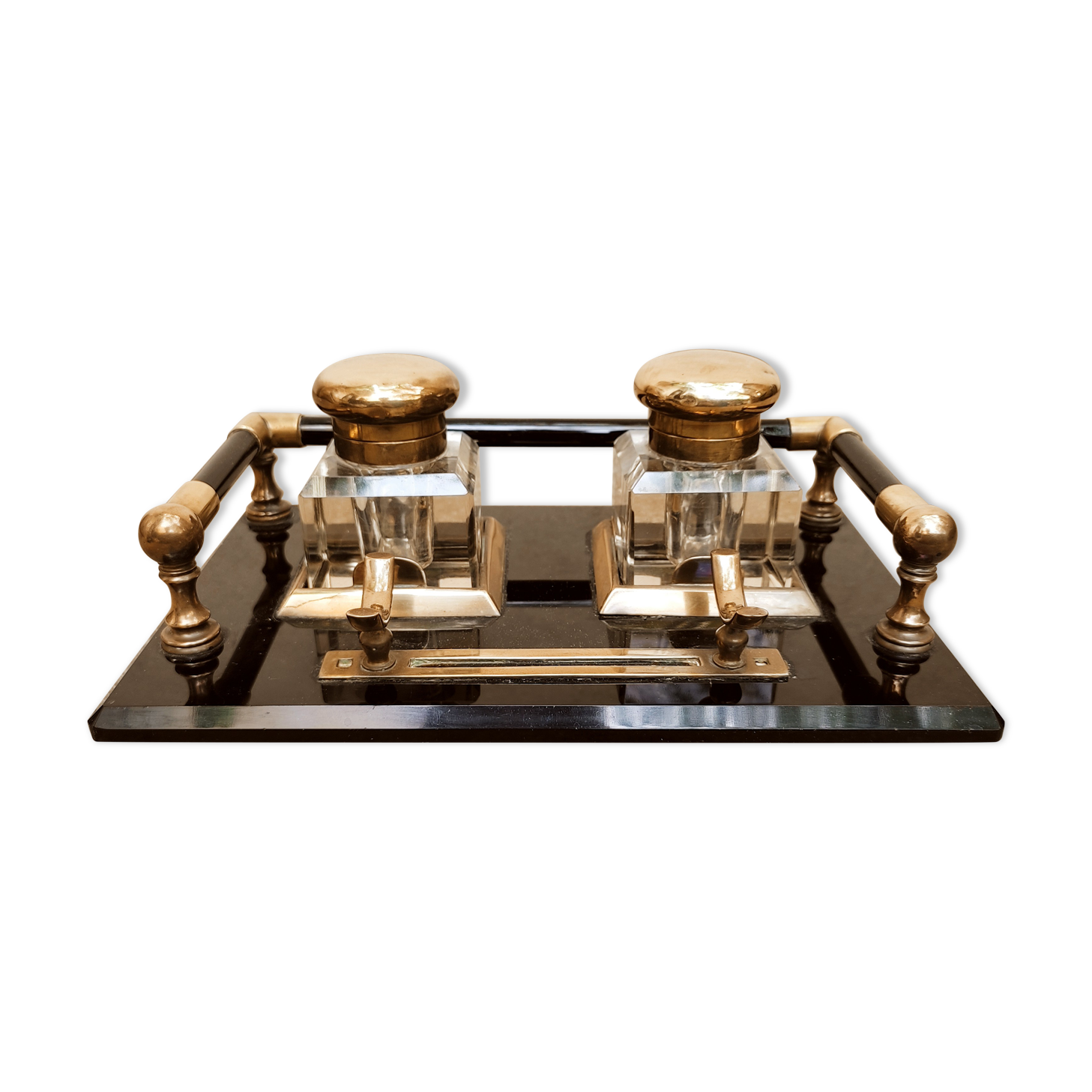 Hence the art deco inkwell on jet plate brass finishes
