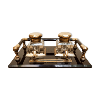 Hence the art deco inkwell on jet plate brass finishes