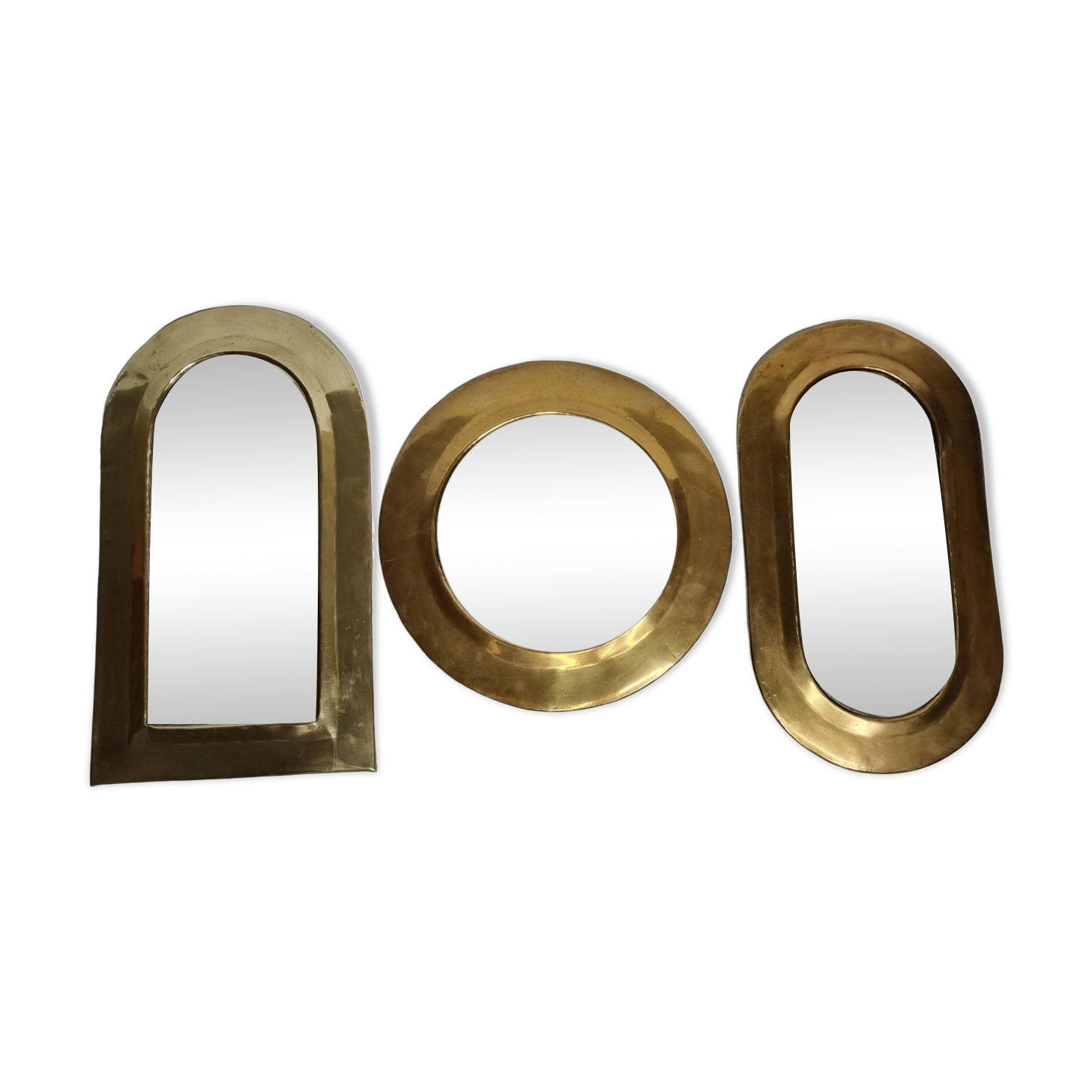 Set of three antique Moroccan brass mirrors, 32 cm