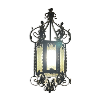 Vestibule lantern, hall, wrought iron entrance & cathedral glass, 80 cm pendant light