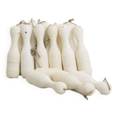 15 quilles de bowling d'époque sur cordelettes de relevage en nylon