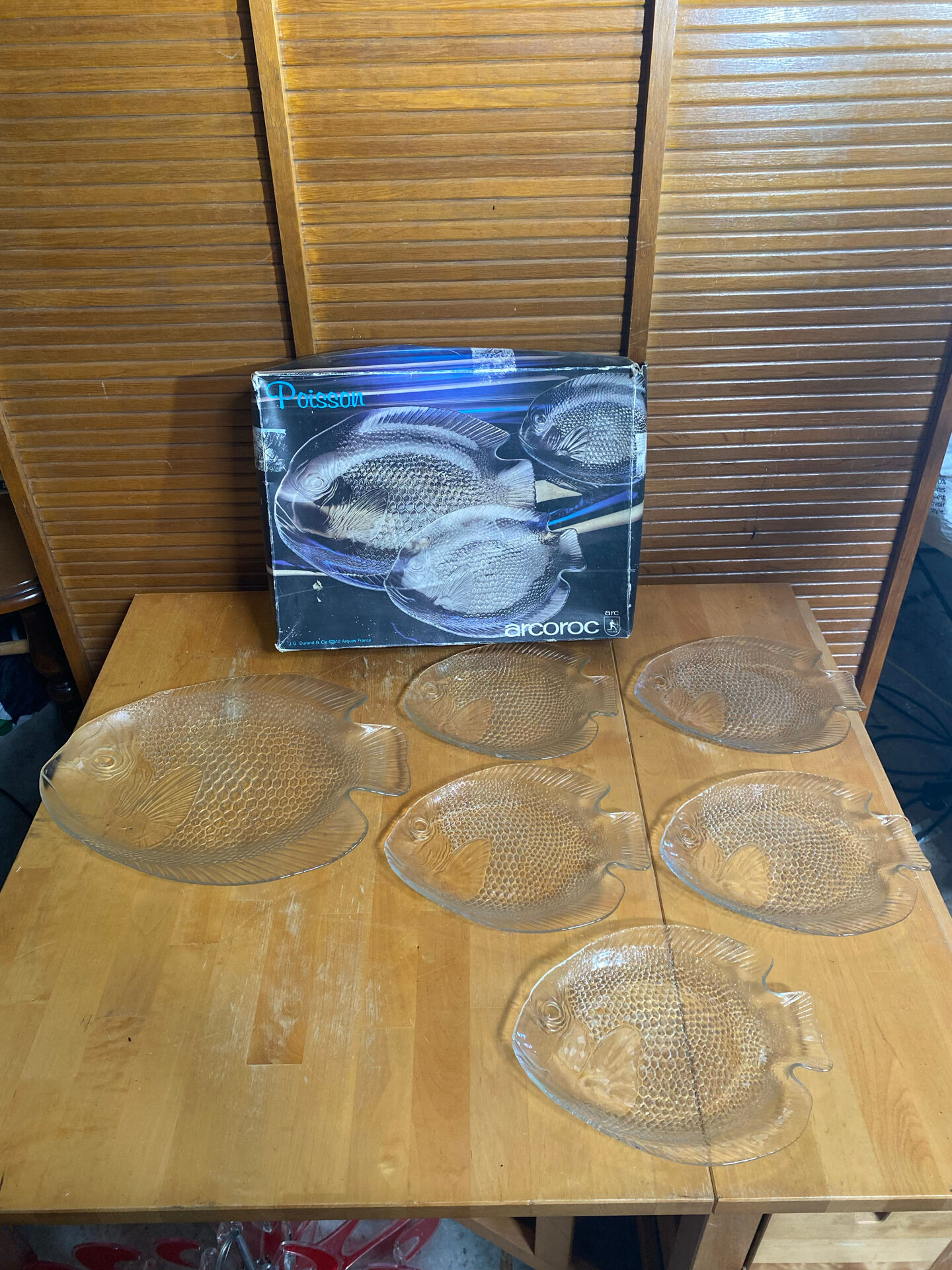 Plate + 5 ARCOROC Fish Shape Glass Mould Plates + Vintage Box #