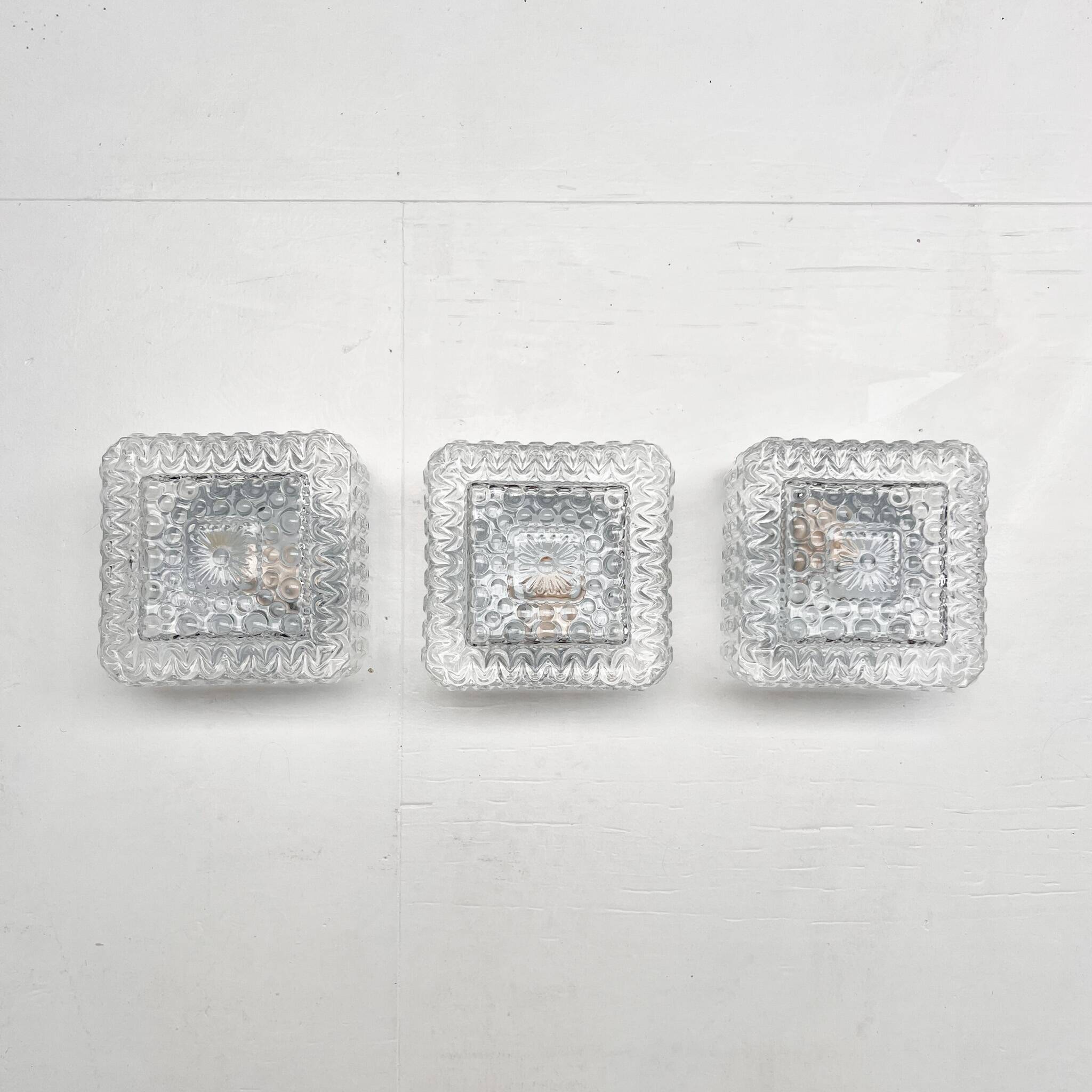 Set of 3 ice glass ceiling lamps, 1970s