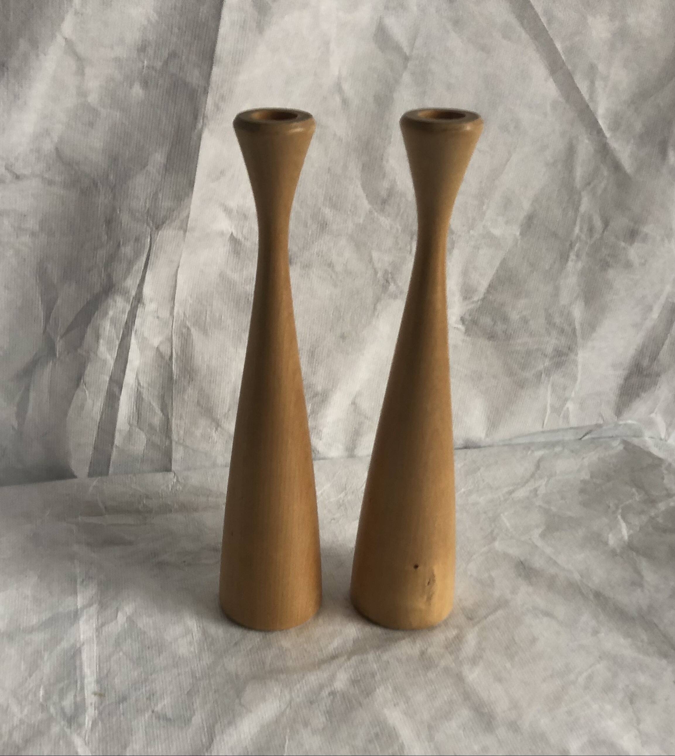Pair of vintage birch wood candlesticks, Scandinavian design