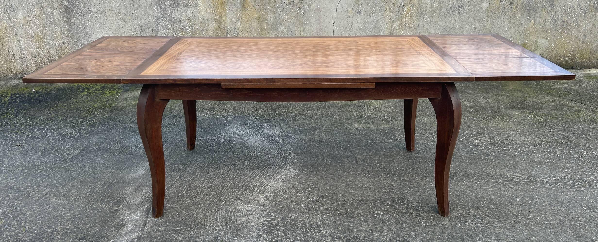 Large extendable table, marquetry, oak, vintage, 1950s