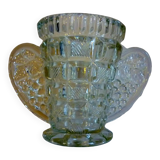 Thick, molded glass ear vase, art deco period and style, stylized leaves and grapes