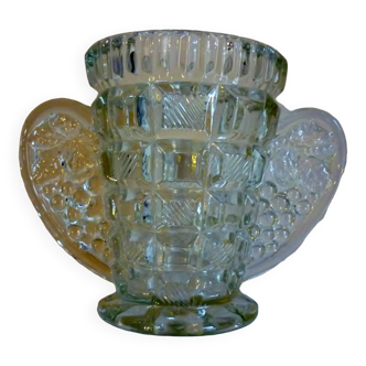 Thick, molded glass ear vase, art deco period and style, stylized leaves and grapes