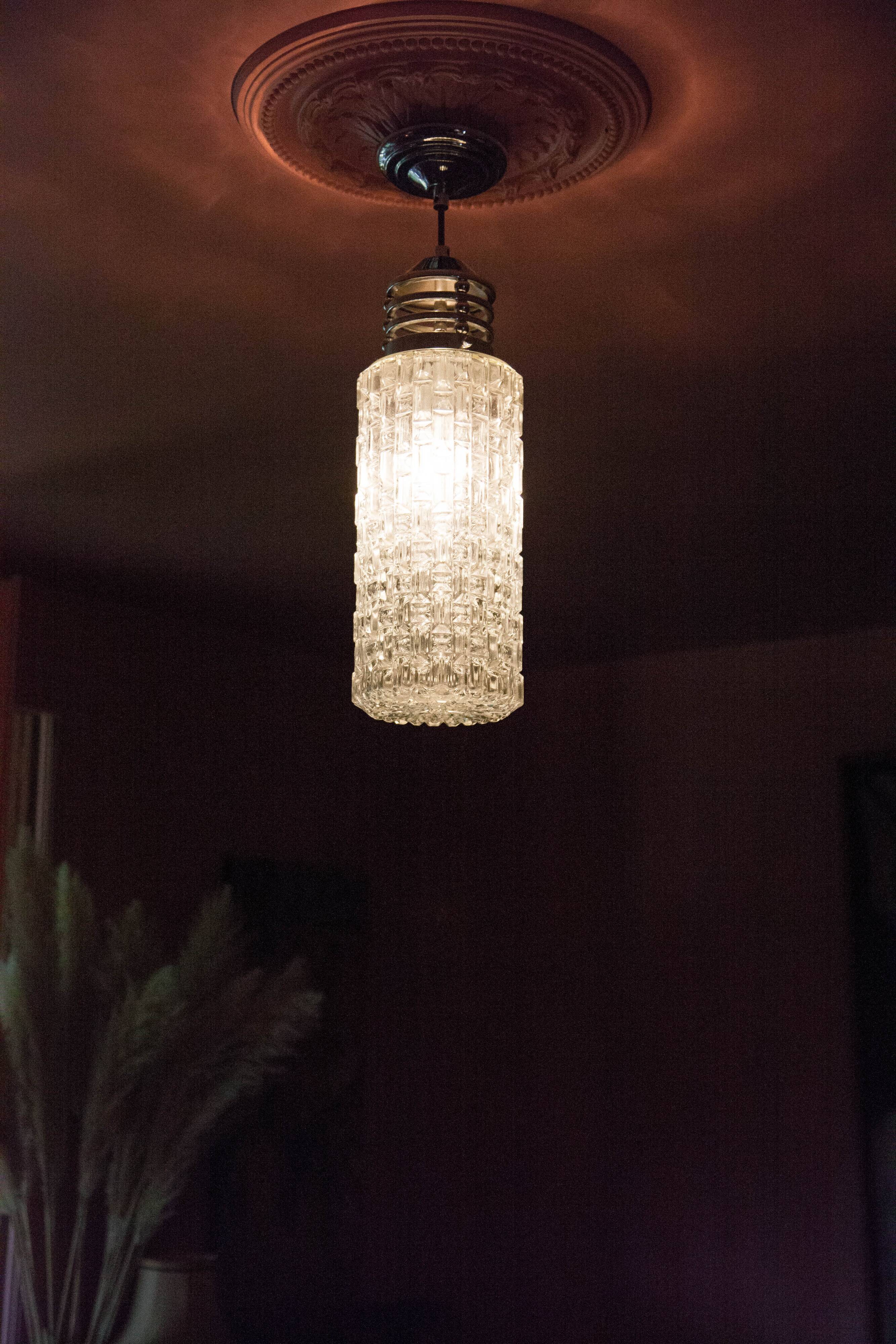 Vintage pendant lamp, Cylindrical glass suspension and chromed metal, ceiling lamp