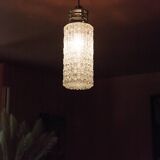 Vintage pendant lamp, Cylindrical glass suspension and chromed metal, ceiling lamp