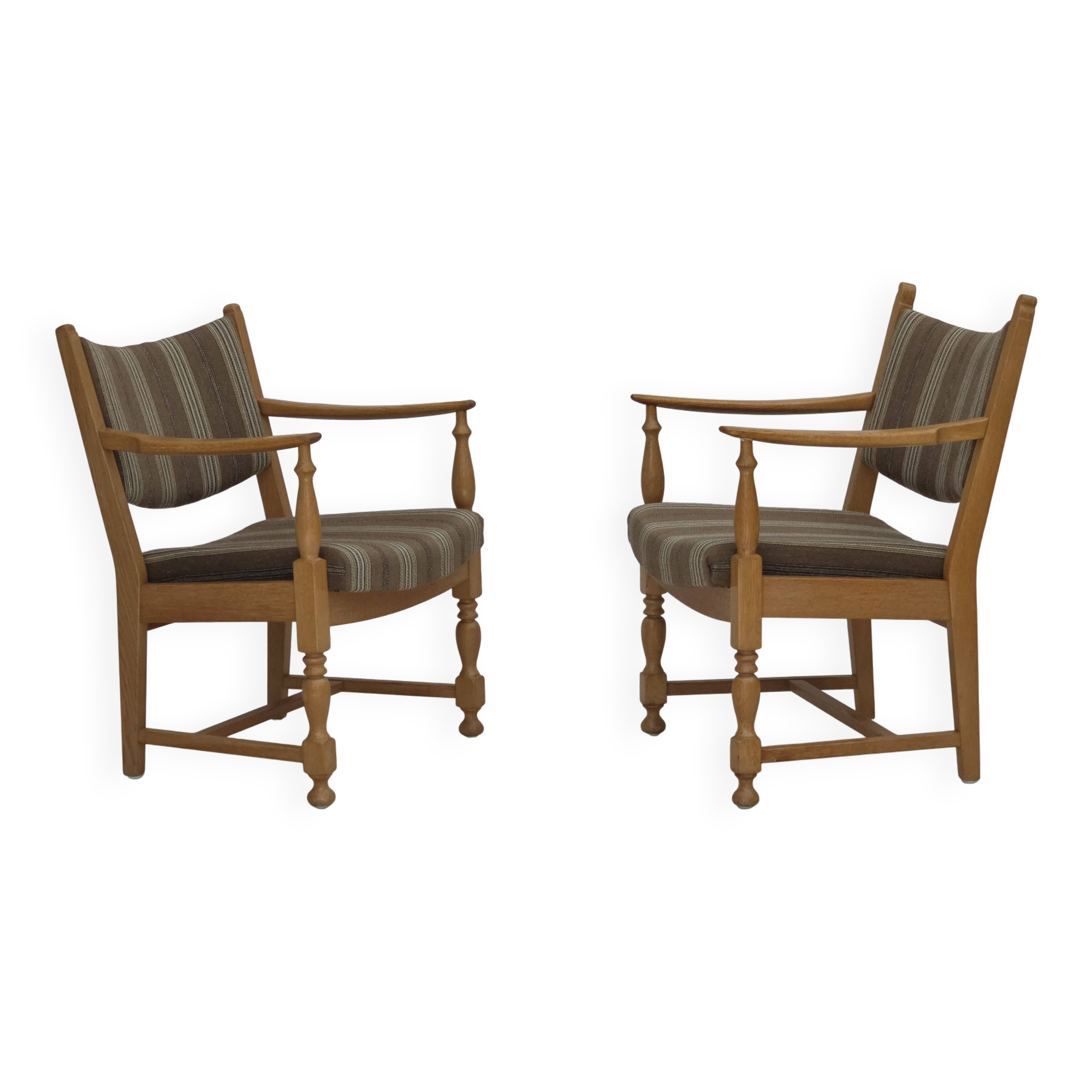 1970s, pair of Scandinavian armchairs, furniture wool, solid oak wood.