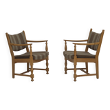 1970s, pair of Scandinavian armchairs, furniture wool, solid oak wood.