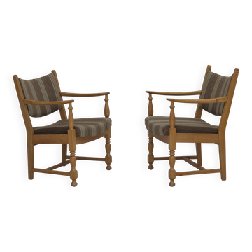 1970s, pair of Scandinavian armchairs, furniture wool, solid oak wood.