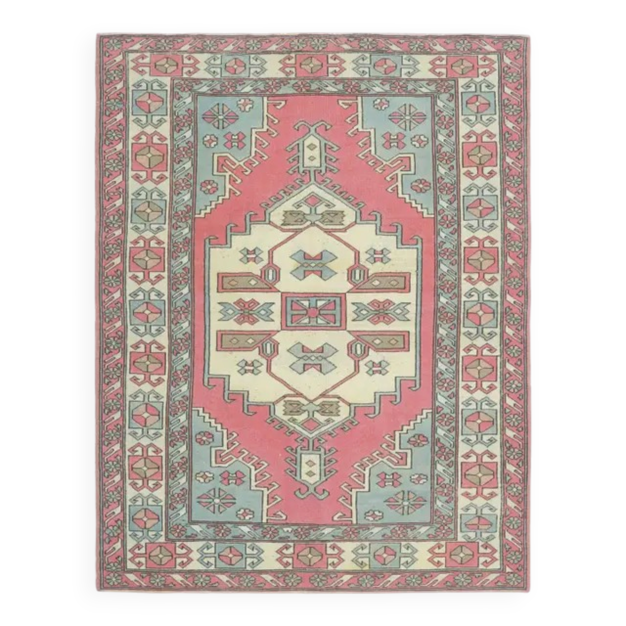 1970s vintage Turkish Oushak handmade wool cotton pink area rug 190x245