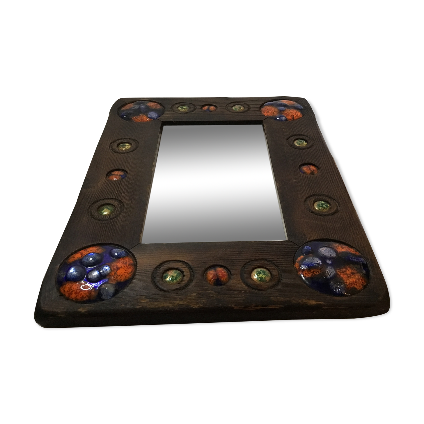 Wooden mirror with copper enamel decoration by Capo Esmaltes (Circa 1960)