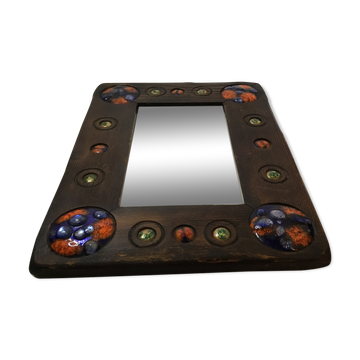 Miroir en bois avec émail cuivre décoration par Capo Esmaltes (Circa 1960)