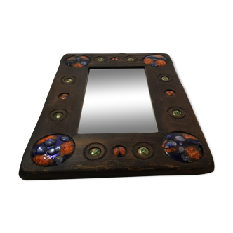 Wooden mirror with copper enamel decoration by Capo Esmaltes (Circa 1960)