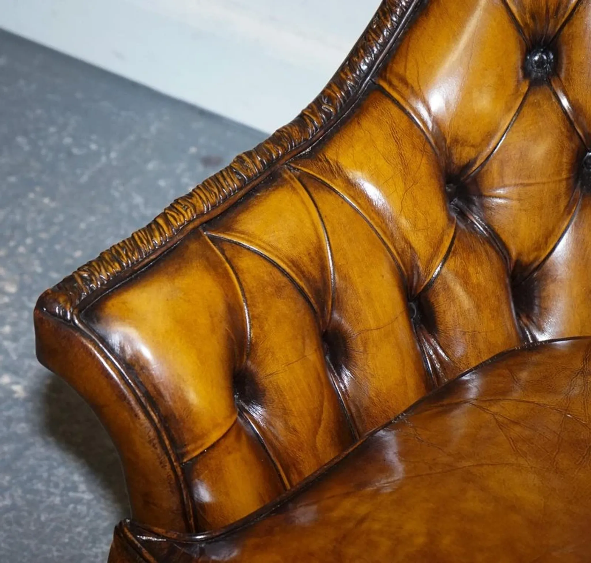 Brown Hand-Dyed Leather Chesterfield Armchairs with Pleated Front, Set of 2