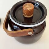 Scandinavian teapot, enameled iron and wood