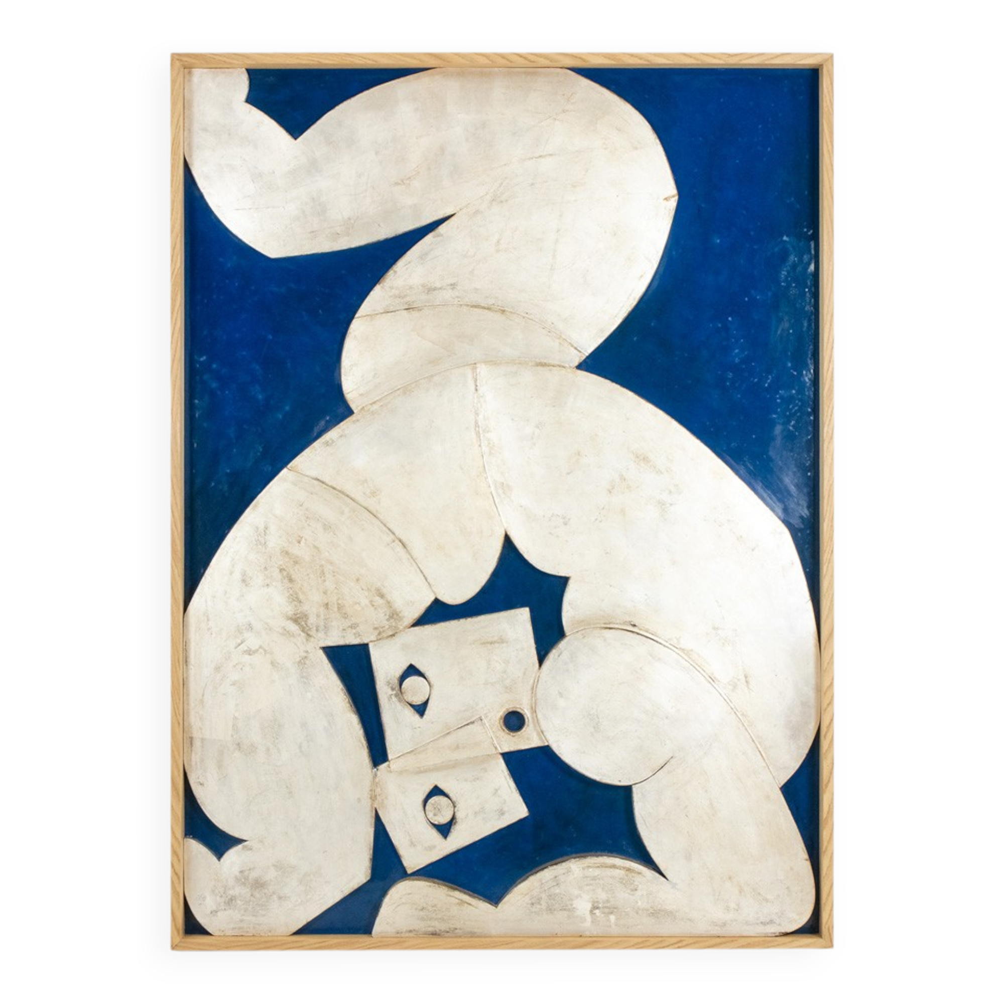 Relief panel "The Acrobat" in silver on a blue background. Contemporary.