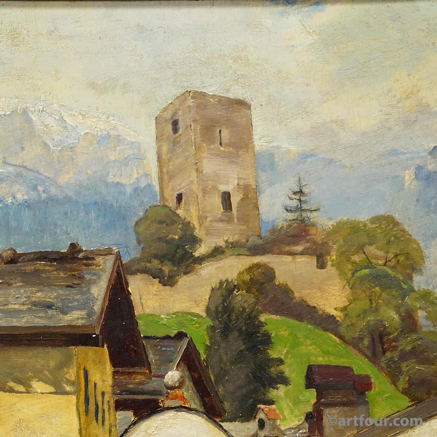 Biedermeier painting of a European alpine village, late 19th century.