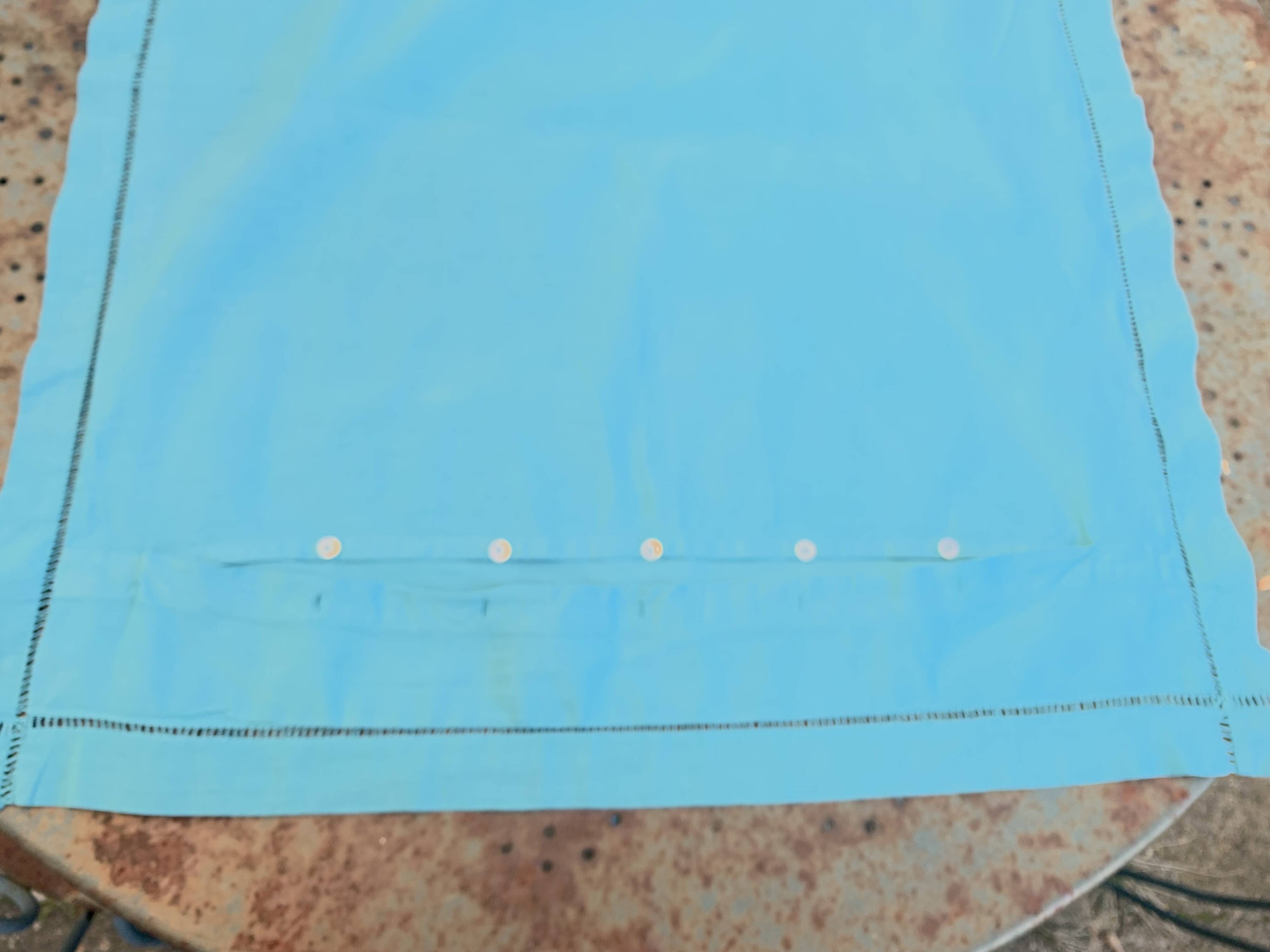 Large pillowcase, cotton linen, emerald blue tinted, border with openings, old