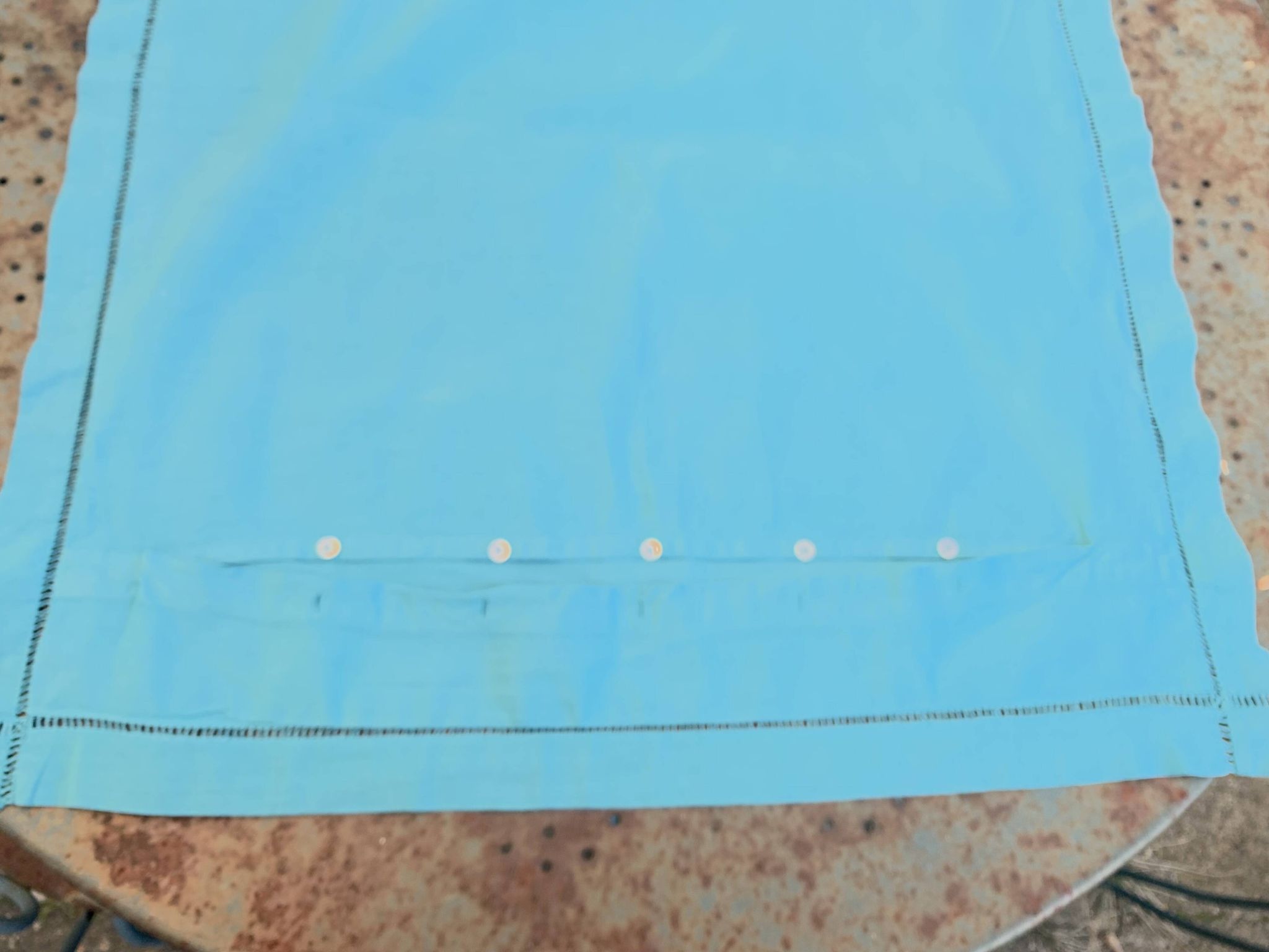 Large pillowcase, cotton linen, emerald blue tinted, border with openings, old
