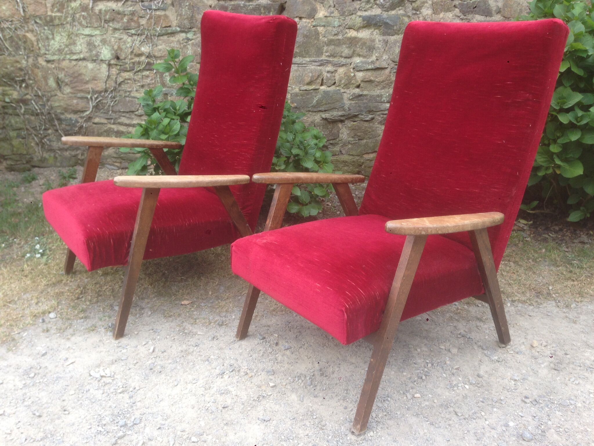 Pair of vintage armchairs with compass legs in beech and velvet.