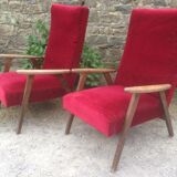 Pair of vintage armchairs with compass legs in beech and velvet.