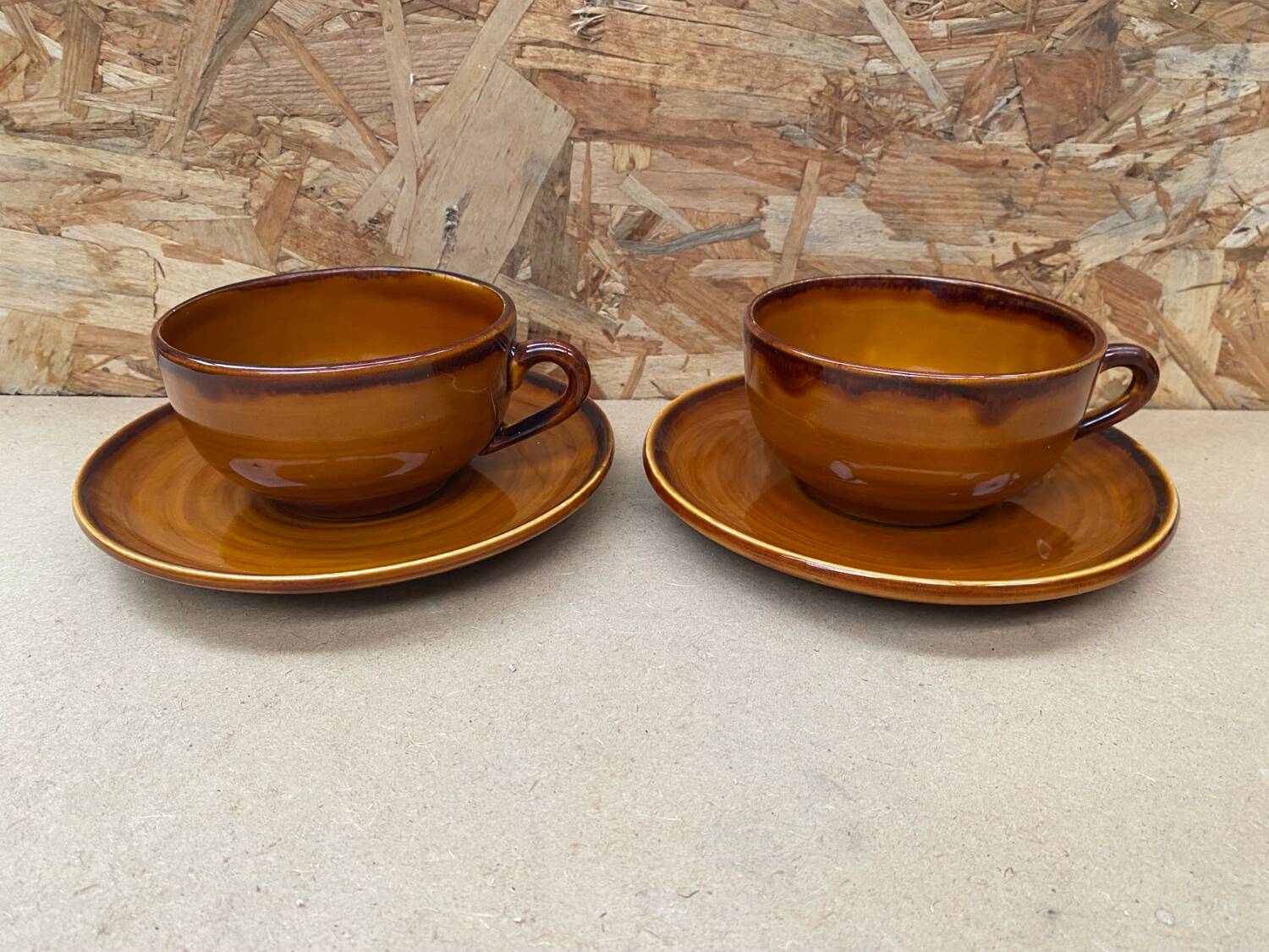 Pair of antique cups + saucers st clement ceramic brown vintage #b615